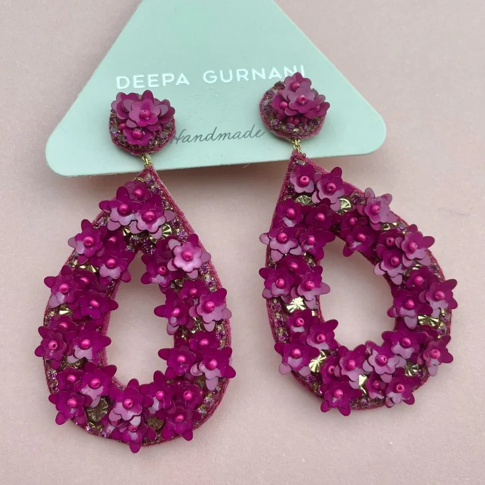 NWT Deepa Gurnani Anthropolgie Beaded Crystal Flower Statement Earrings - Picture 4 of 12